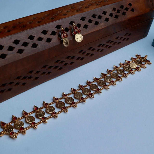 Premium Look Mate finish  Red Stone With Lakshmi Coin Pattern Chocker with Matching earrings N0146-CJ23