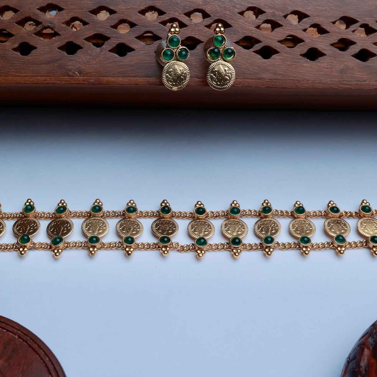 Premium Look Mate finish  Green Stone With Lakshmi Coin Pattern Chocker with Matching earrings N0147-CJ23