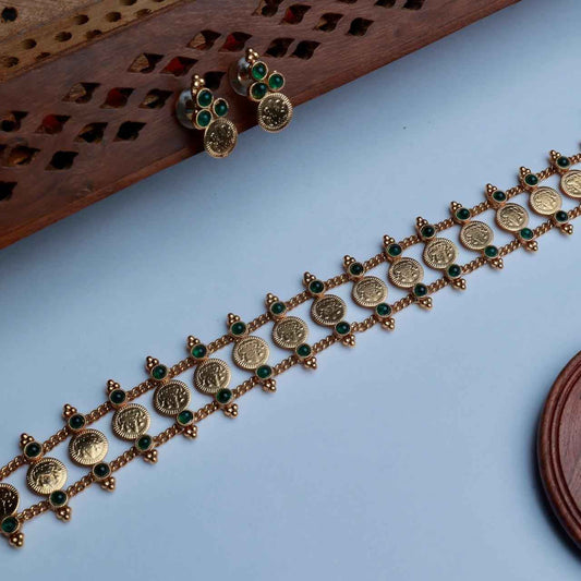 Premium Look Mate finish  Green Stone With Lakshmi Coin Pattern Chocker with Matching earrings N0147-CJ23