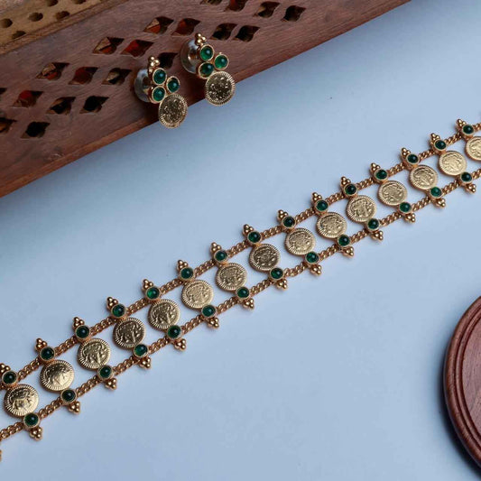 Premium Look Mate finish  Green Stone With Lakshmi Coin Pattern Chocker with Matching earrings N0147-CJ23