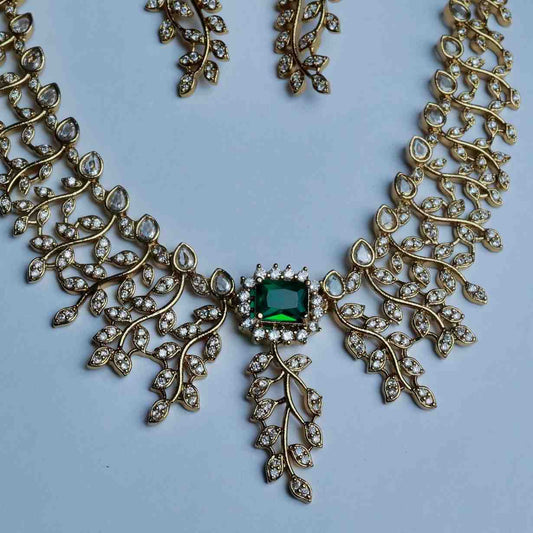 Premium Quality AD White Stone Necklace Floral Pattern White and Emerald Stone with matching Earring N0124-CJ65