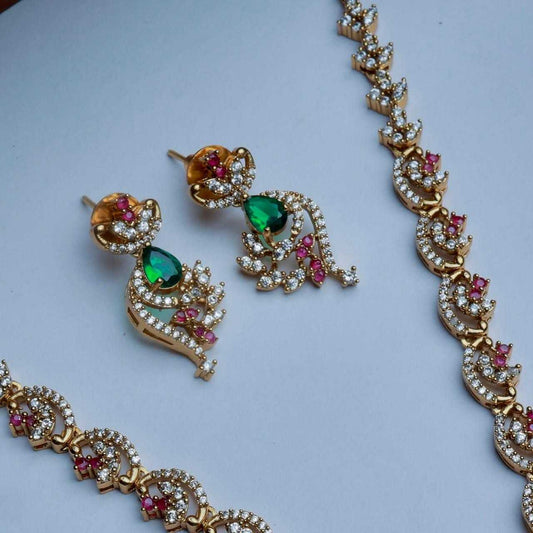 Premium Quality AD White Stone Floral Pattern necklace designed with Ruby red And emerald green Color stones Stone comes with Matching earrings N0148-CJ48