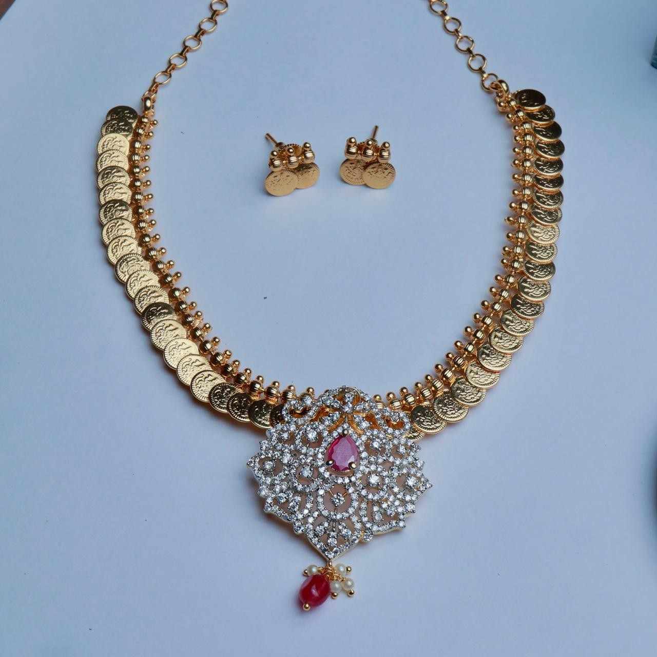 Traditional Kasu and Mordern AD White & Ruby Stone Necklace N0046-CV90