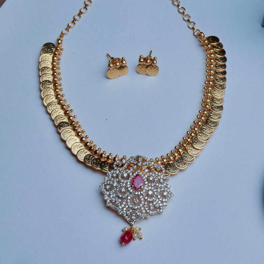 Traditional Kasu and Mordern AD White & Ruby Stone Necklace N0046-CV90