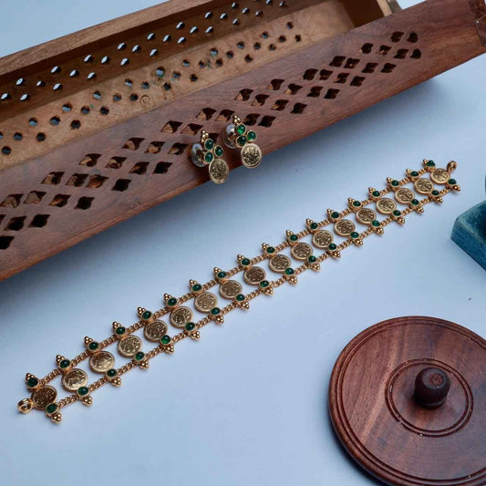 Premium Look Mate finish  Green Stone With Lakshmi Coin Pattern Chocker with Matching earrings N0147-CJ23