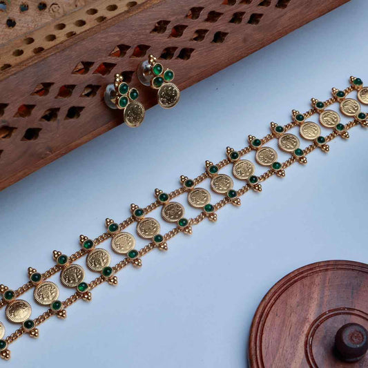 Premium Look Mate finish  Green Stone With Lakshmi Coin Pattern Chocker with Matching earrings N0147-CJ23