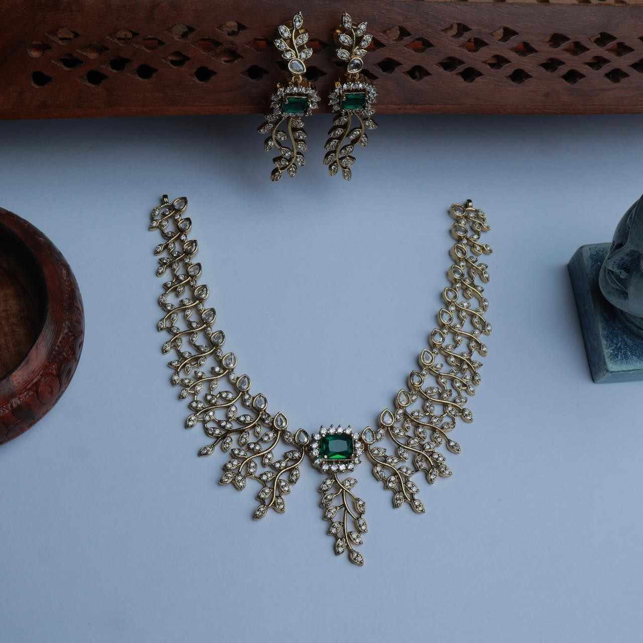 Premium Quality AD White Stone Necklace Floral Pattern White and Emerald Stone with matching Earring N0124-CJ65