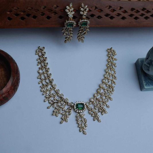Premium Quality AD White Stone Necklace Floral Pattern White and Emerald Stone with matching Earring N0124-CJ65