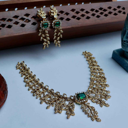 Premium Quality AD White Stone Necklace Floral Pattern White and Emerald Stone with matching Earring N0124-CJ65