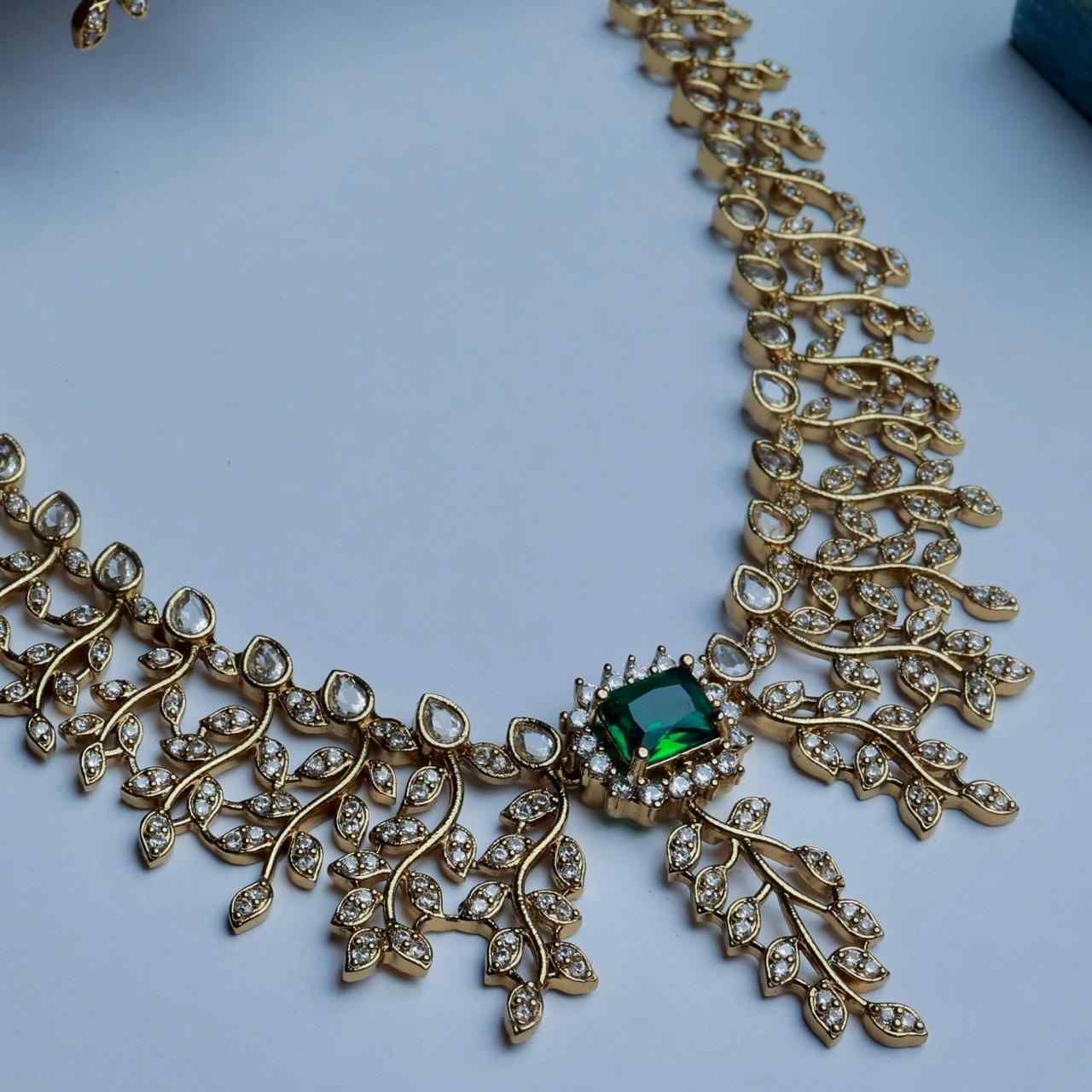 Premium Quality AD White Stone Necklace Floral Pattern White and Emerald Stone with matching Earring N0124-CJ65