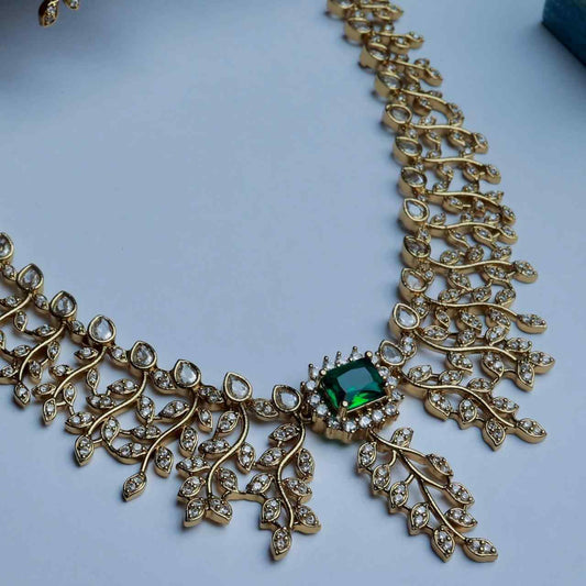 Premium Quality AD White Stone Necklace Floral Pattern White and Emerald Stone with matching Earring N0124-CJ65