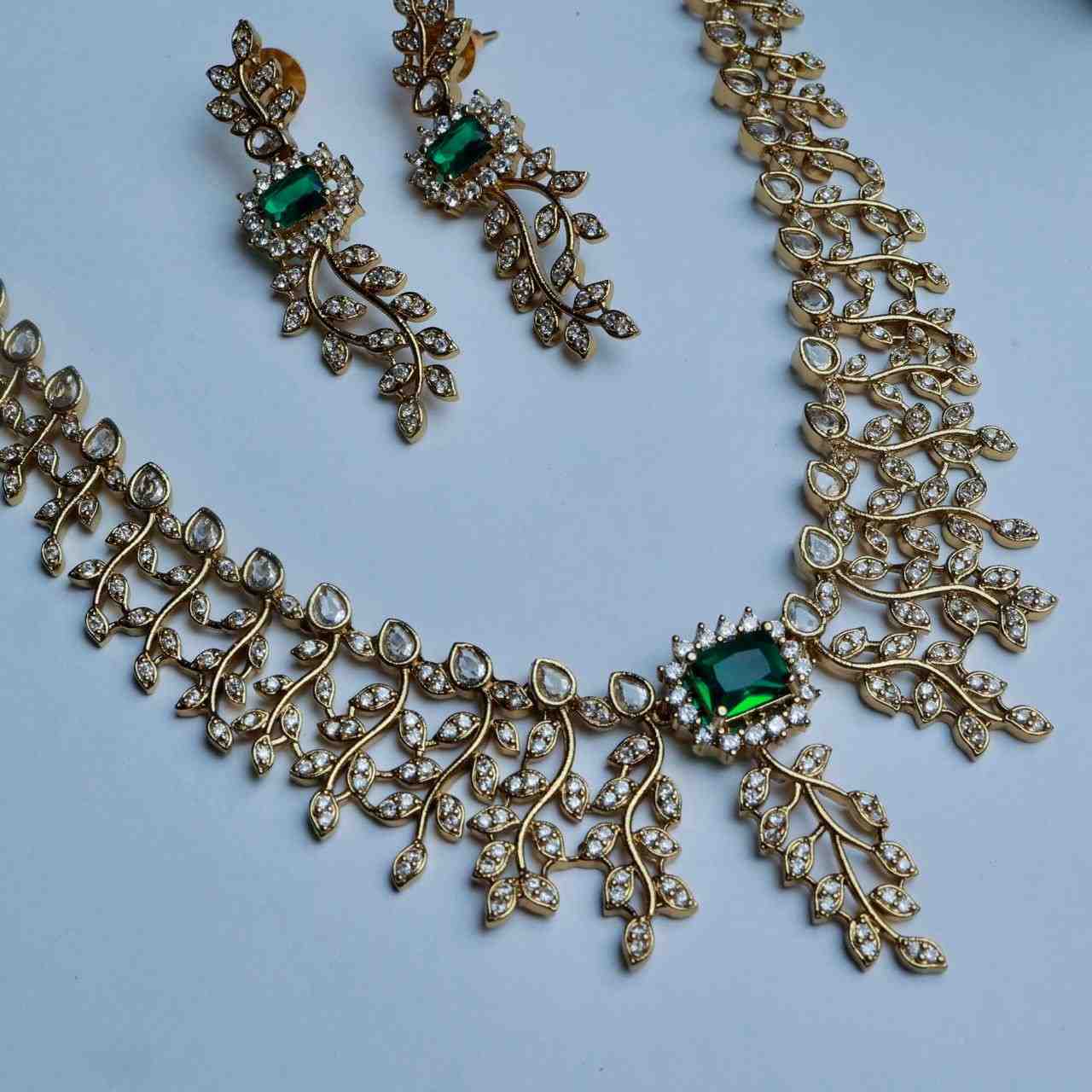 Premium Quality AD White Stone Necklace Floral Pattern White and Emerald Stone with matching Earring N0124-CJ65