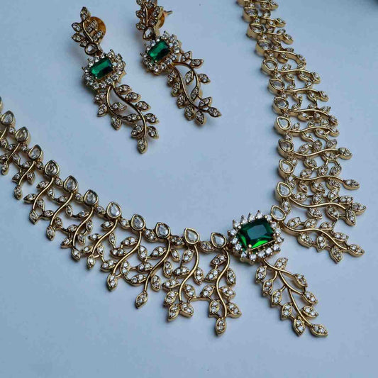 Premium Quality AD White Stone Necklace Floral Pattern White and Emerald Stone with matching Earring N0124-CJ65