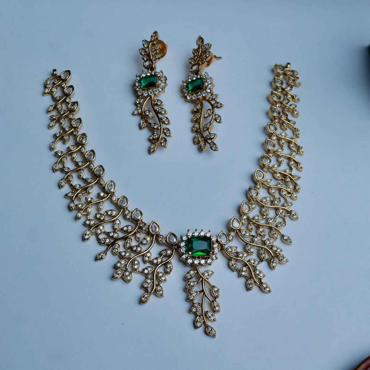 Premium Quality AD White Stone Necklace Floral Pattern White and Emerald Stone with matching Earring N0124-CJ65