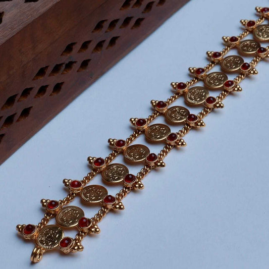 Premium Look Mate finish  Red Stone With Lakshmi Coin Pattern Chocker with Matching earrings N0146-CJ23