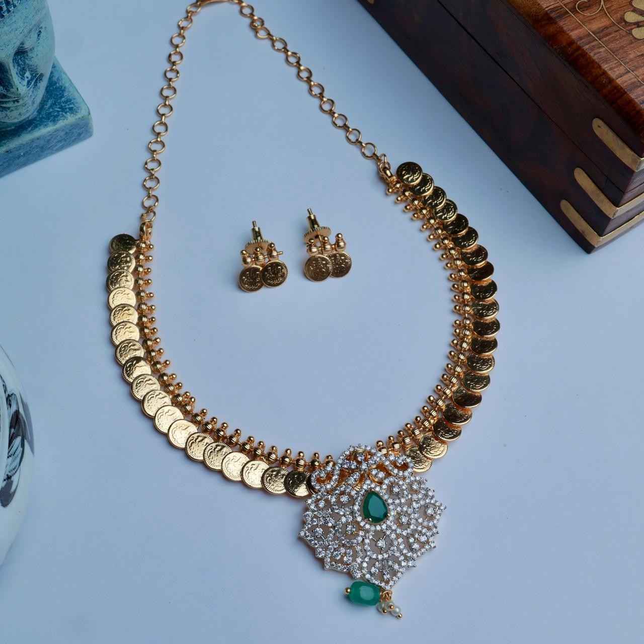 Premium Qualityt Traditional Kasu and Mordern AD White & Emerald Stone Necklace N0123-CV90