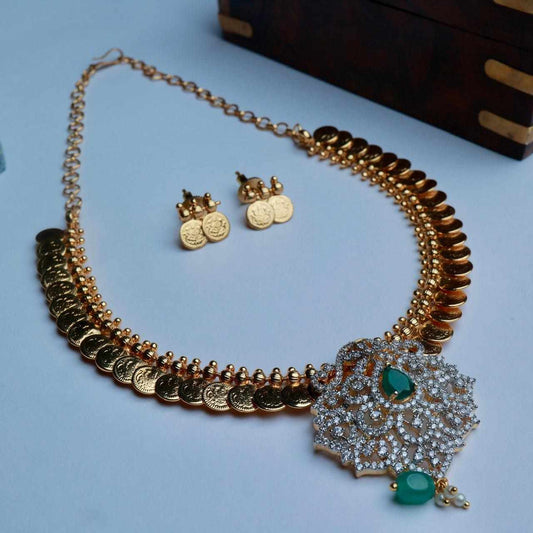 Premium Qualityt Traditional Kasu and Mordern AD White & Emerald Stone Necklace N0123-CV90