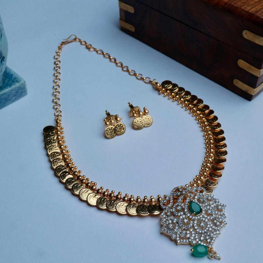 Premium Qualityt Traditional Kasu and Mordern AD White & Emerald Stone Necklace N0123-CV90