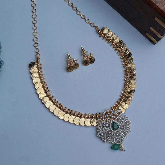 Premium Qualityt Traditional Kasu and Mordern AD White & Emerald Stone Necklace N0123-CV90