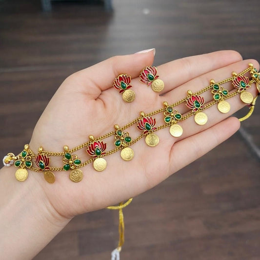 Premium Quality Lotus Enamel Chocker with coin design with Matching earrings N0150-CJ26