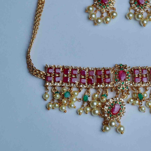 Premium Quality Chocker Set with earrings designed with Ruby Red kemp stones N0155-CO45