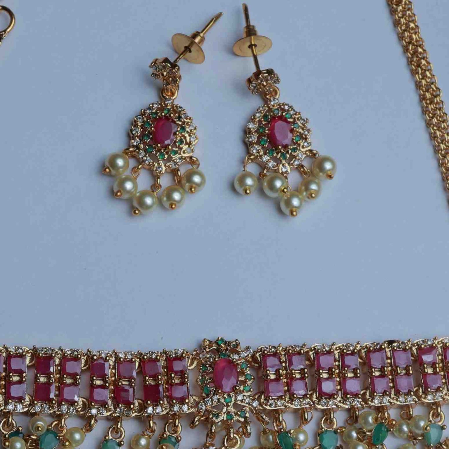 Premium Quality Chocker Set with earrings designed with Ruby Red kemp stones N0155-CO45