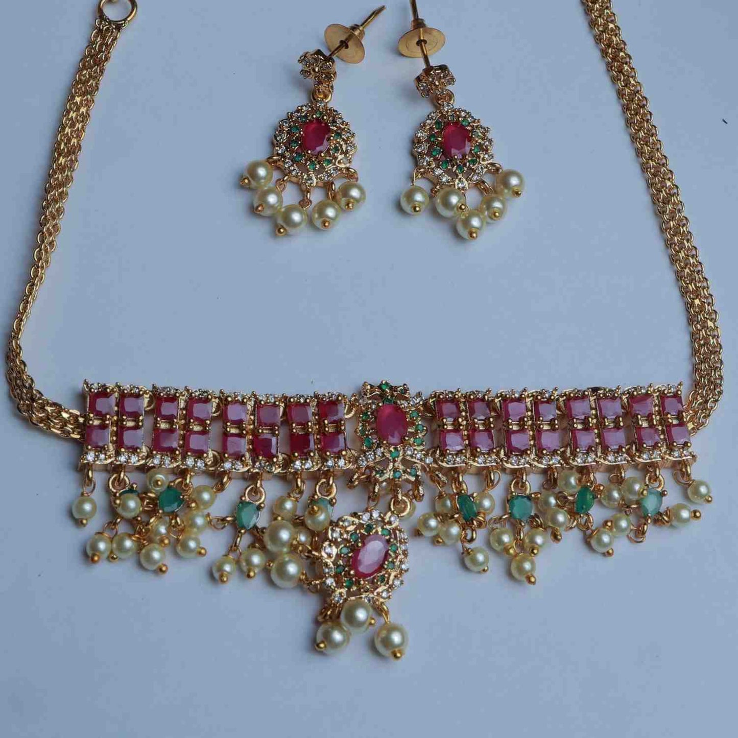 Premium Quality Chocker Set with earrings designed with Ruby Red kemp stones N0155-CO45