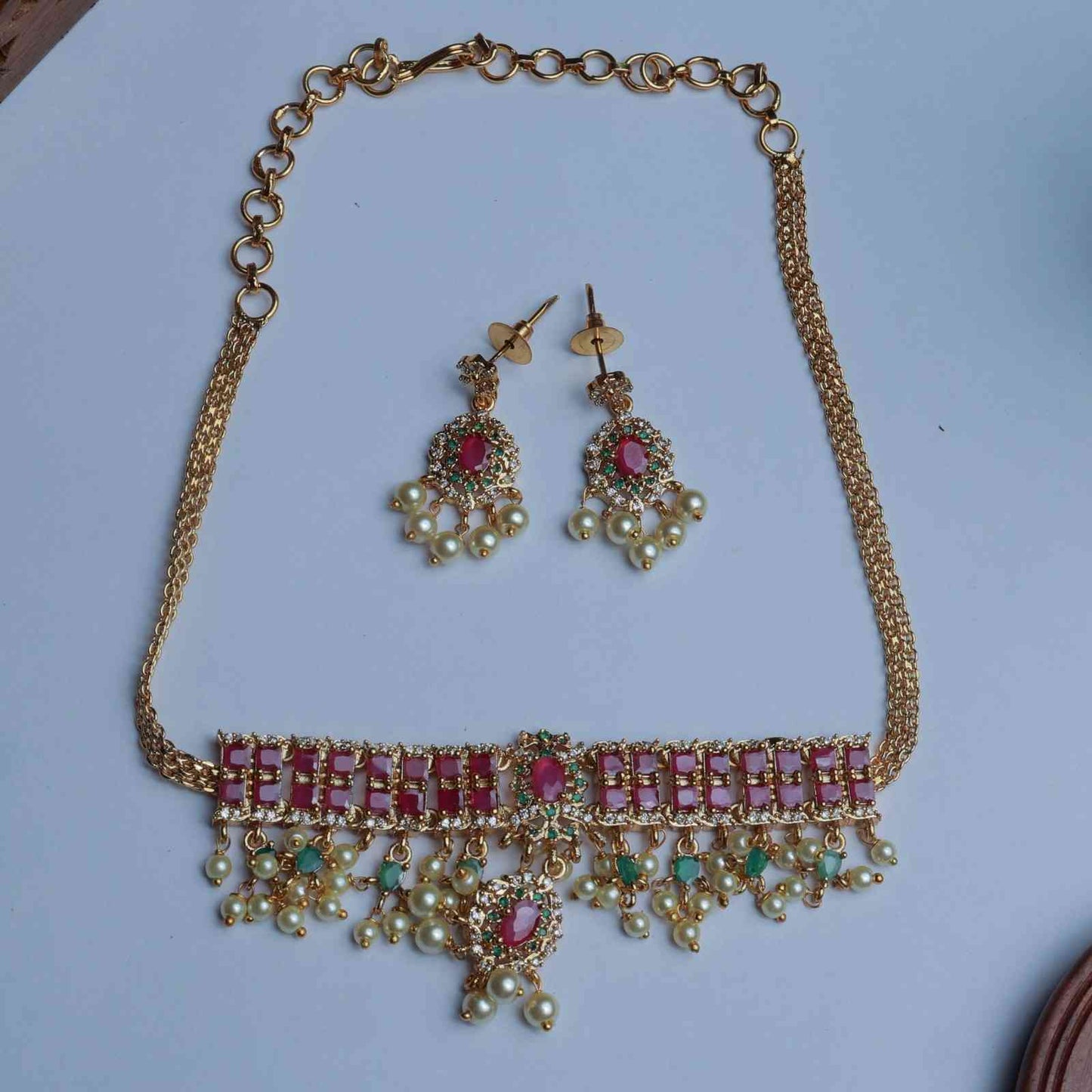 Premium Quality Chocker Set with earrings designed with Ruby Red kemp stones N0155-CO45