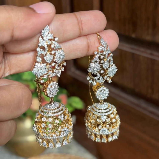 AD Stone Premium Quality Rhodium polish Khushboo jhumka Mattal Attached  Bridal Jhumka J0039-CO12