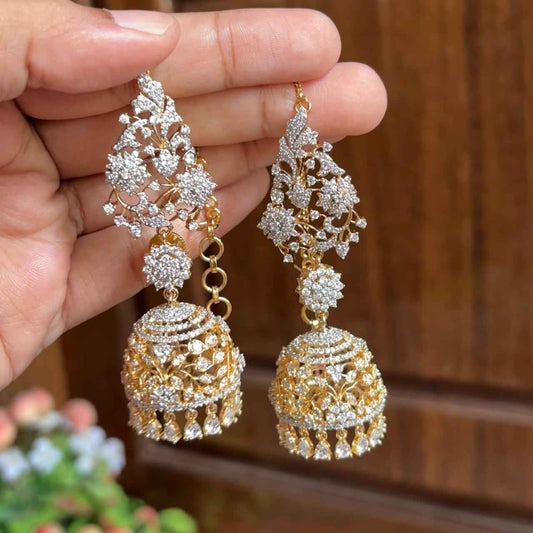 AD Stone Premium Quality Rhodium polish Khushboo jhumka Mattal Attached  Bridal Jhumka J0039-CO12