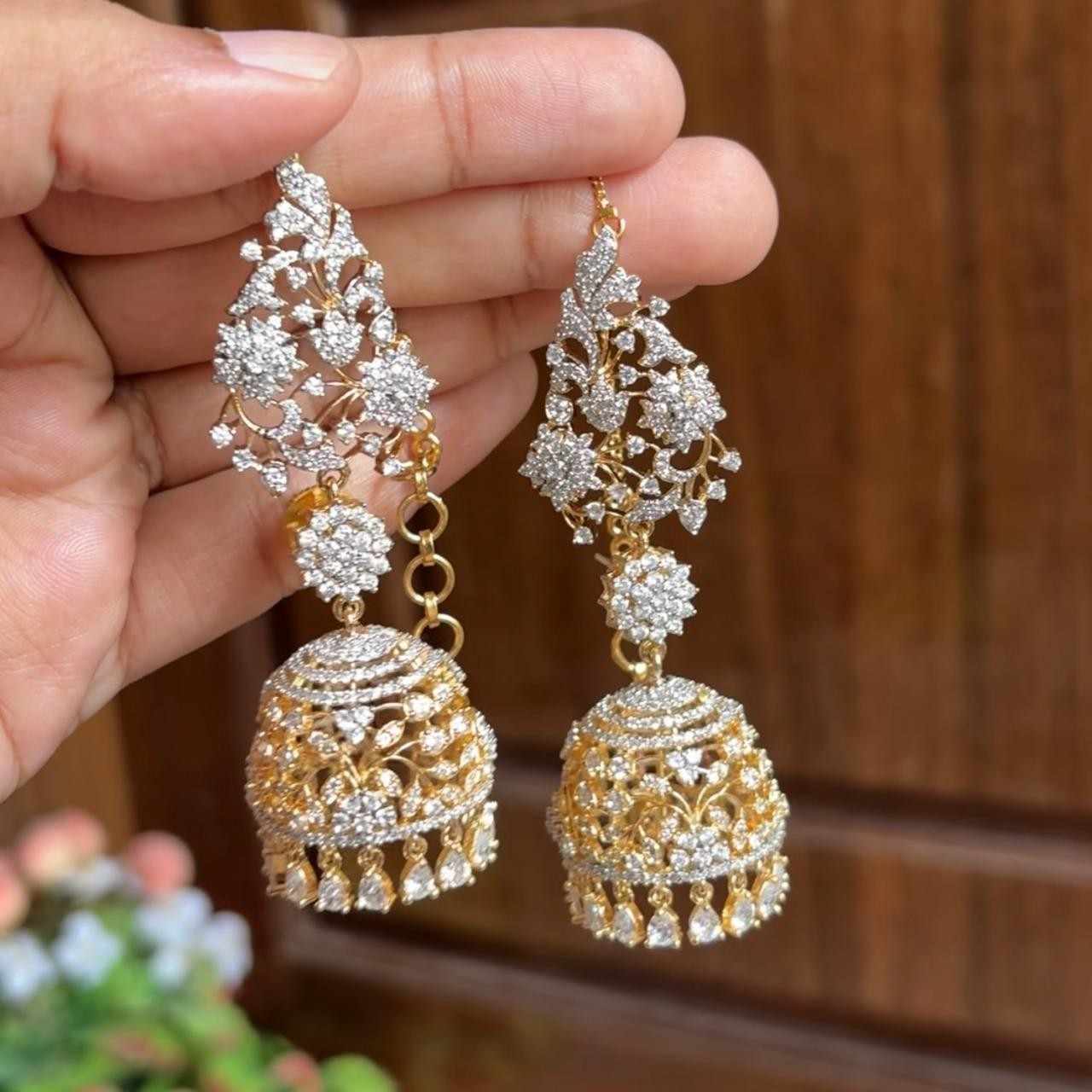 AD Stone Premium Quality Rhodium polish Khushboo jhumka Mattal Attached  Bridal Jhumka J0039-CO12