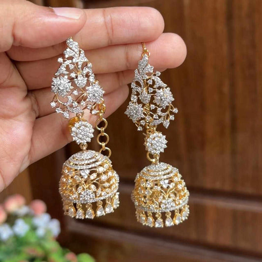 AD Stone Premium Quality Rhodium polish Khushboo jhumka Mattal Attached  Bridal Jhumka J0039-CO12