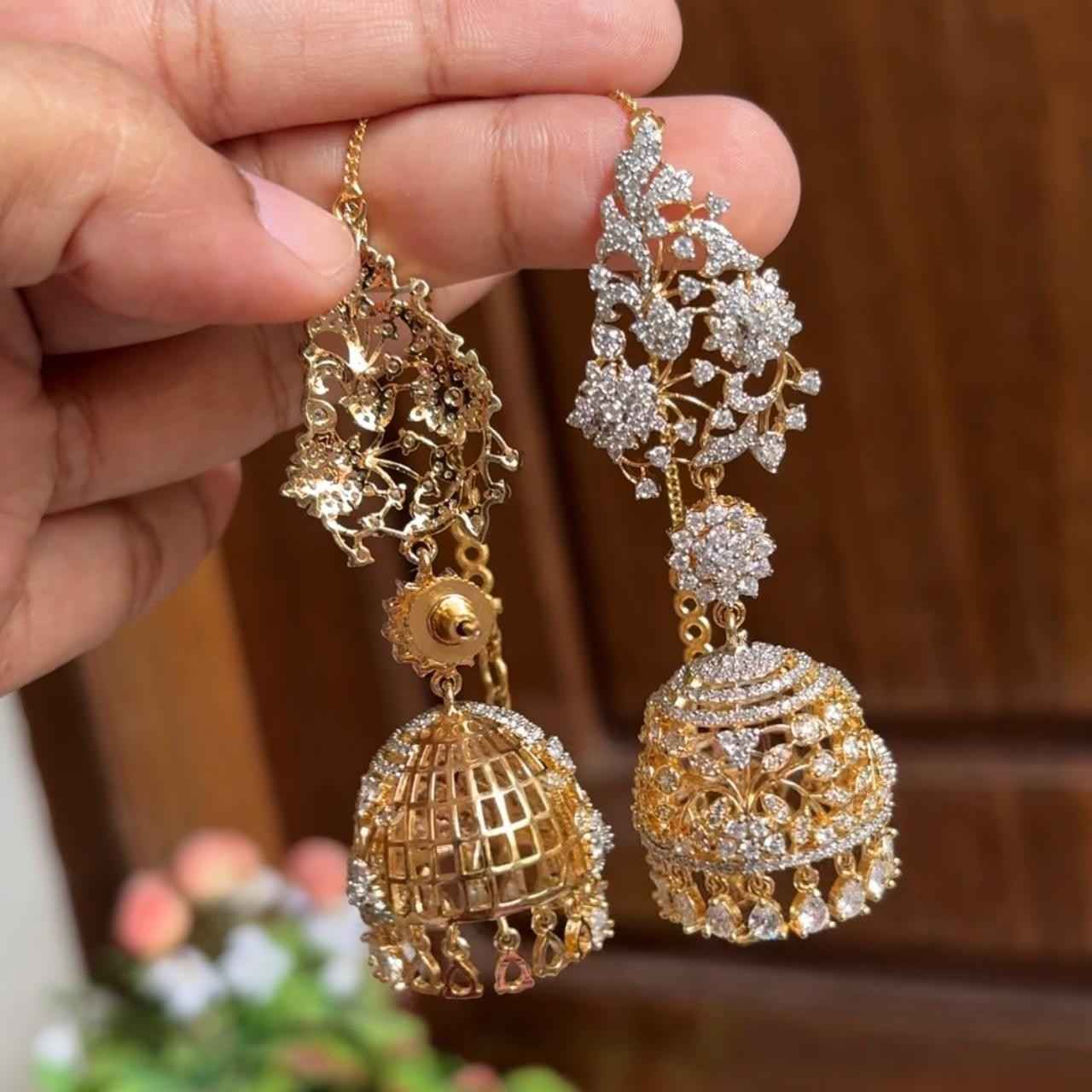 AD Stone Premium Quality Rhodium polish Khushboo jhumka Mattal Attached  Bridal Jhumka J0039-CO12