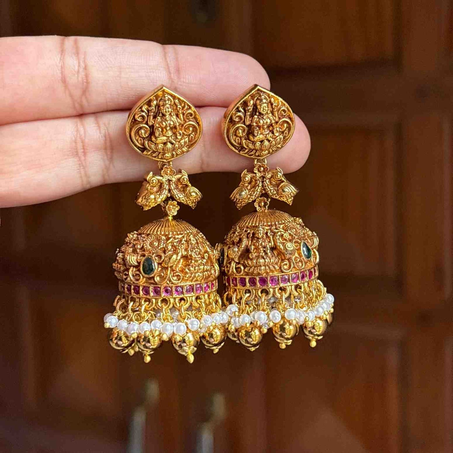 Premium Quality Gold Inspired Temple collection Bridal Jhumka designed with Ruby stones Peacock & Floral Pattern  Jhumka with Hanging gold beads and pearls J0062-CE100
