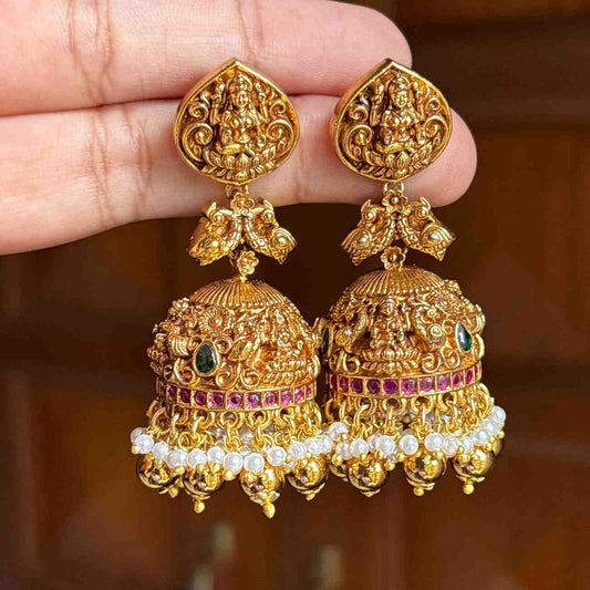 Premium Quality Gold Inspired Temple collection Bridal Jhumka designed with Ruby stones Peacock & Floral Pattern  Jhumka with Hanging gold beads and pearls J0062-CE100