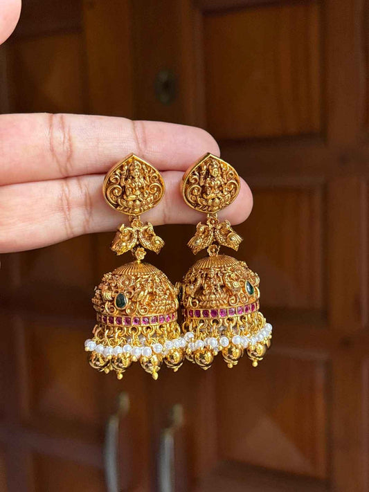 Premium Quality Gold Inspired Temple collection Bridal Jhumka designed with Ruby stones Peacock & Floral Pattern  Jhumka with Hanging gold beads and pearls J0062-CE100