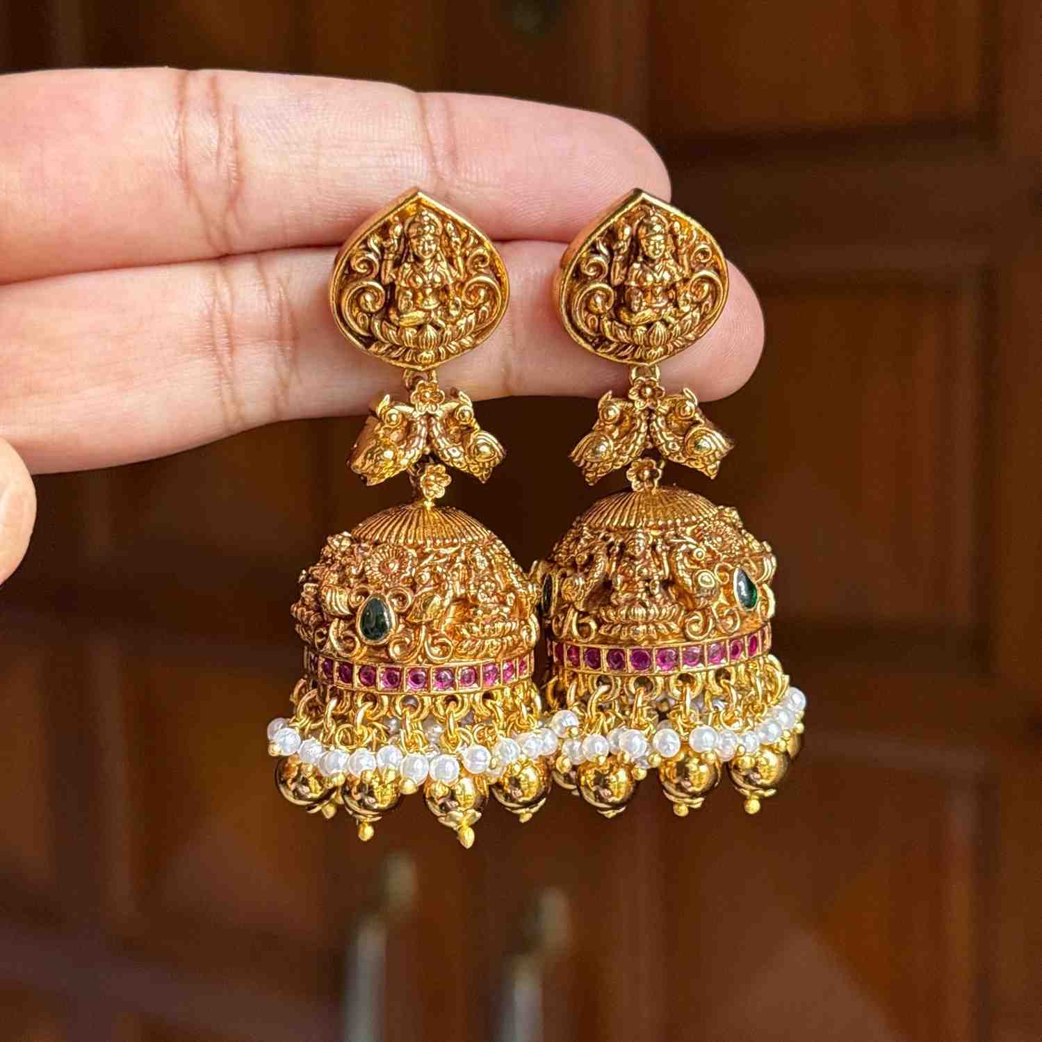 Premium Quality Gold Inspired Temple collection Bridal Jhumka designed with Ruby stones Peacock & Floral Pattern  Jhumka with Hanging gold beads and pearls J0062-CE100