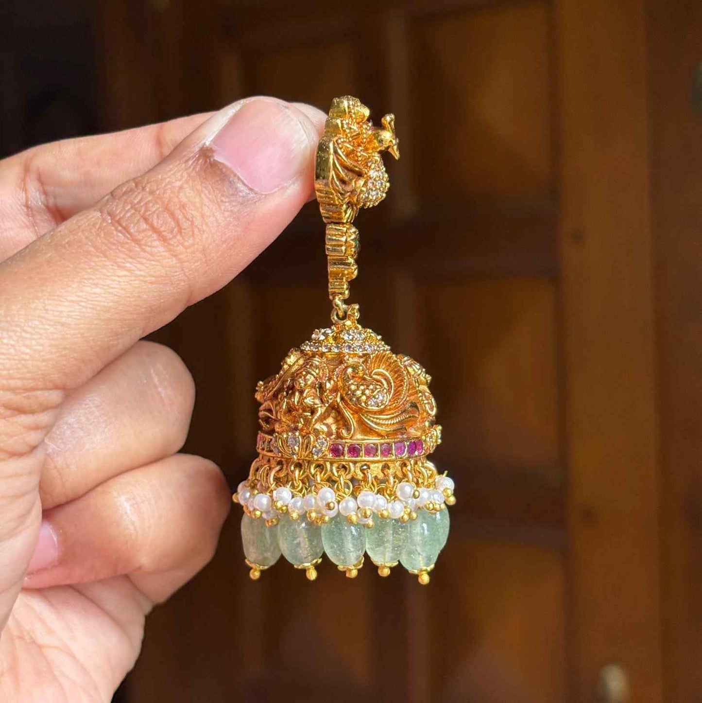Premium Quality Gold Inspired Temple collection Bridal Jhumka 3d effect Peacock & Floral Pattern  Jhumka with Hanging Hydro Emerald beads and pearls J0061-CE100