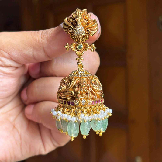 Premium Quality Gold Inspired Temple collection Bridal Jhumka 3d effect Peacock & Floral Pattern  Jhumka with Hanging Hydro Emerald beads and pearls J0061-CE100