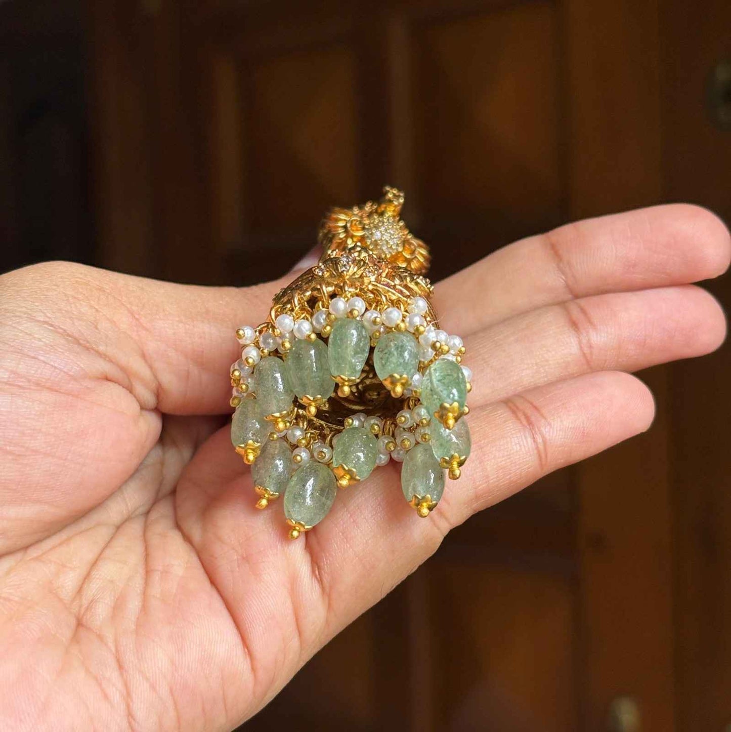 Premium Quality Gold Inspired Temple collection Bridal Jhumka 3d effect Peacock & Floral Pattern  Jhumka with Hanging Hydro Emerald beads and pearls J0061-CE100