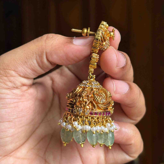Premium Quality Gold Inspired Temple collection Bridal Jhumka 3d effect Peacock & Floral Pattern  Jhumka with Hanging Hydro Emerald beads and pearls J0061-CE100