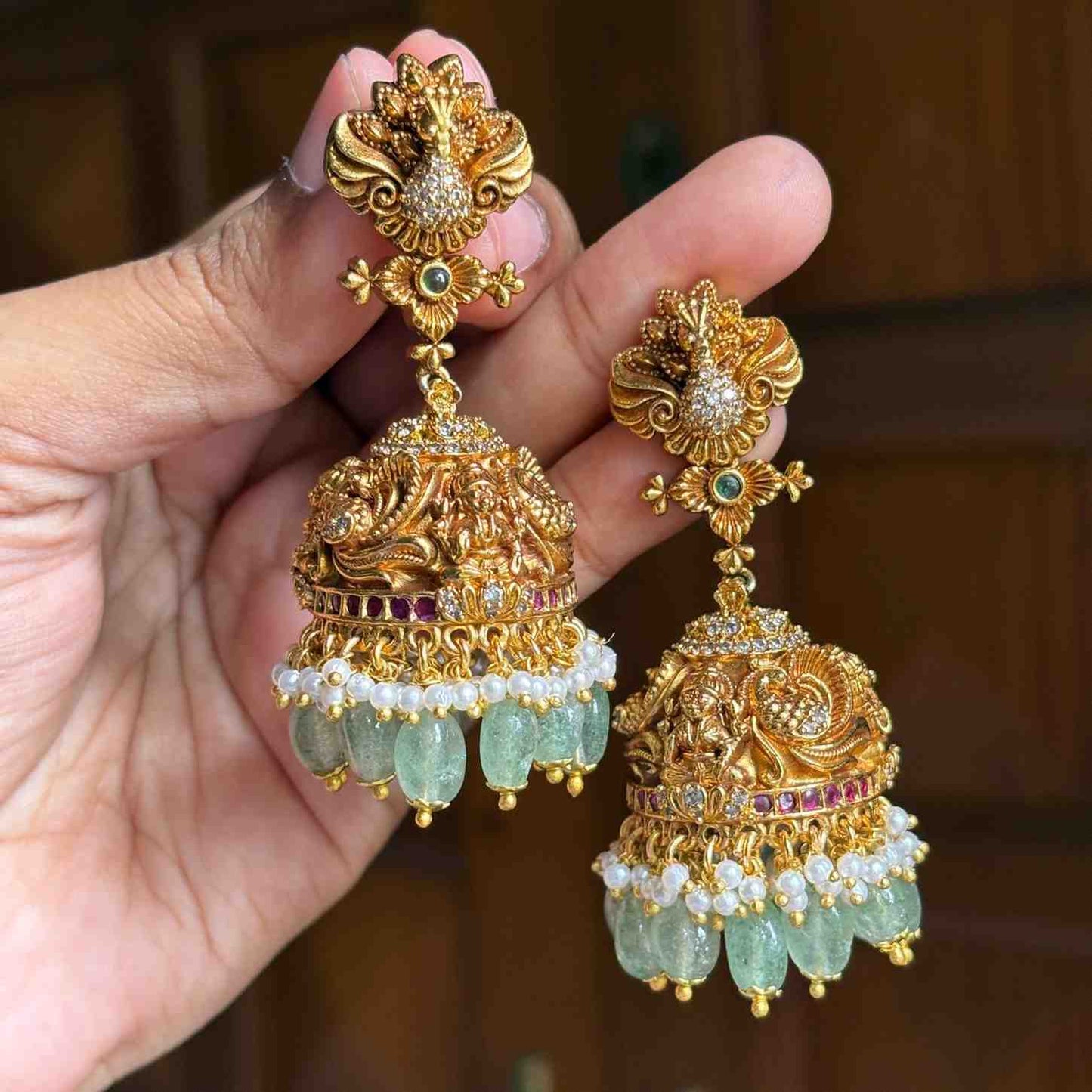 Premium Quality Gold Inspired Temple collection Bridal Jhumka 3d effect Peacock & Floral Pattern  Jhumka with Hanging Hydro Emerald beads and pearls J0061-CE100