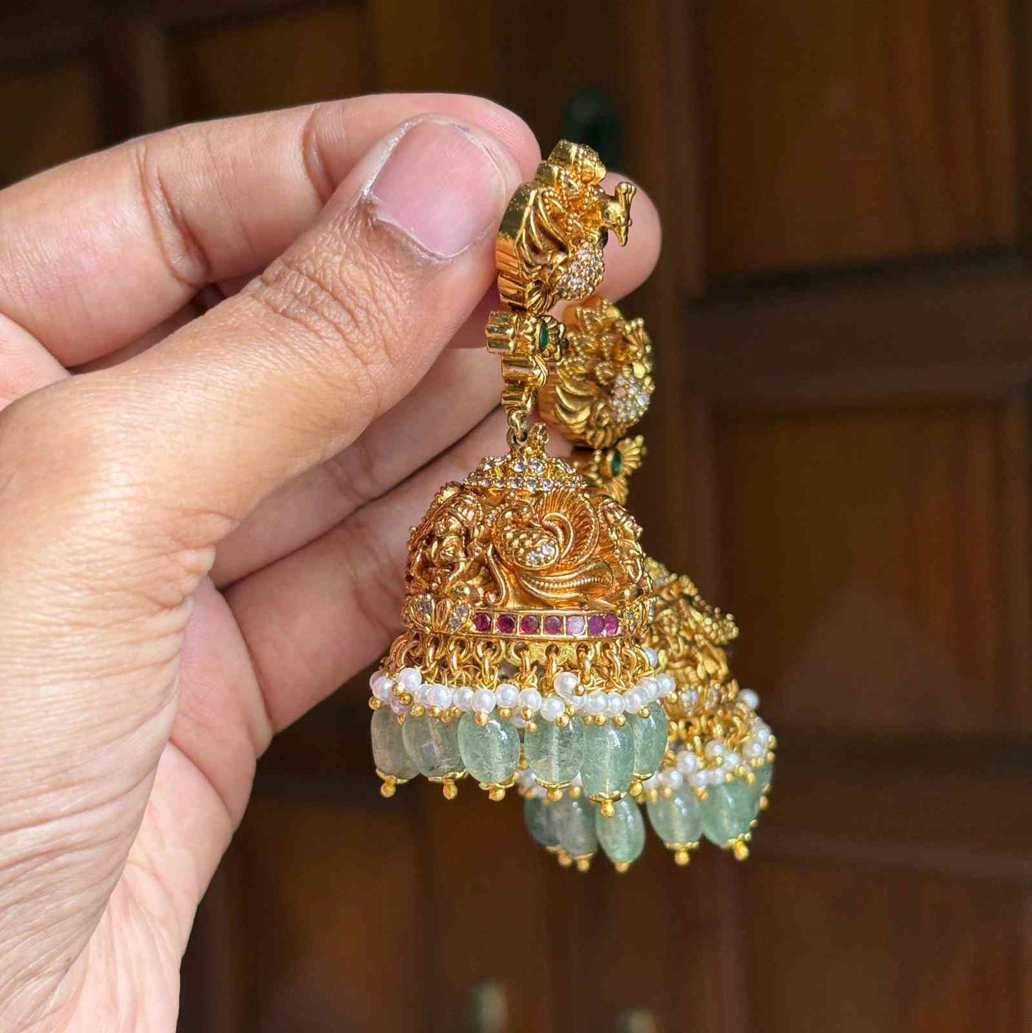 Premium Quality Gold Inspired Temple collection Bridal Jhumka 3d effect Peacock & Floral Pattern  Jhumka with Hanging Hydro Emerald beads and pearls J0061-CE100