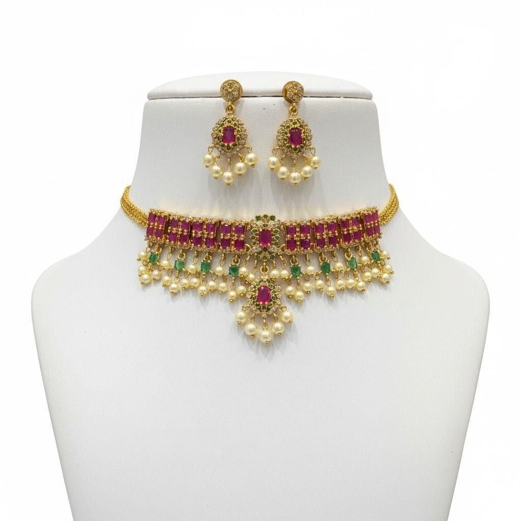 Premium Quality Chocker Set with earrings designed with Ruby Red kemp stones N0155-CO45