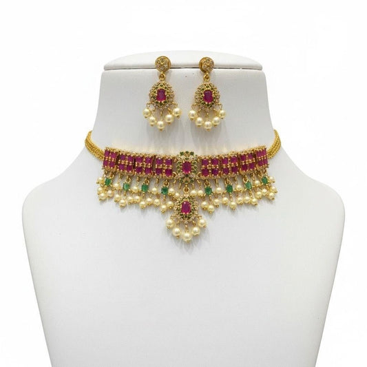 Premium Quality Chocker Set with earrings designed with Ruby Red kemp stones N0155-CO45