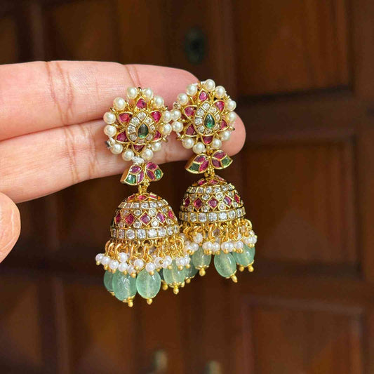 Premium Quality Gold Inspired  Bridal Jhumka designed with Ruby red stones Polka Diamonds  Floral Pattern Jhumka with Hanging Emerald Hydro beads and pearls J0063-CE50