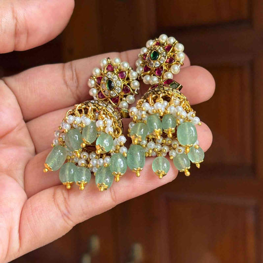 Premium Quality Gold Inspired  Bridal Jhumka designed with Ruby red stones Polka Diamonds  Floral Pattern Jhumka with Hanging Emerald Hydro beads and pearls J0063-CE50