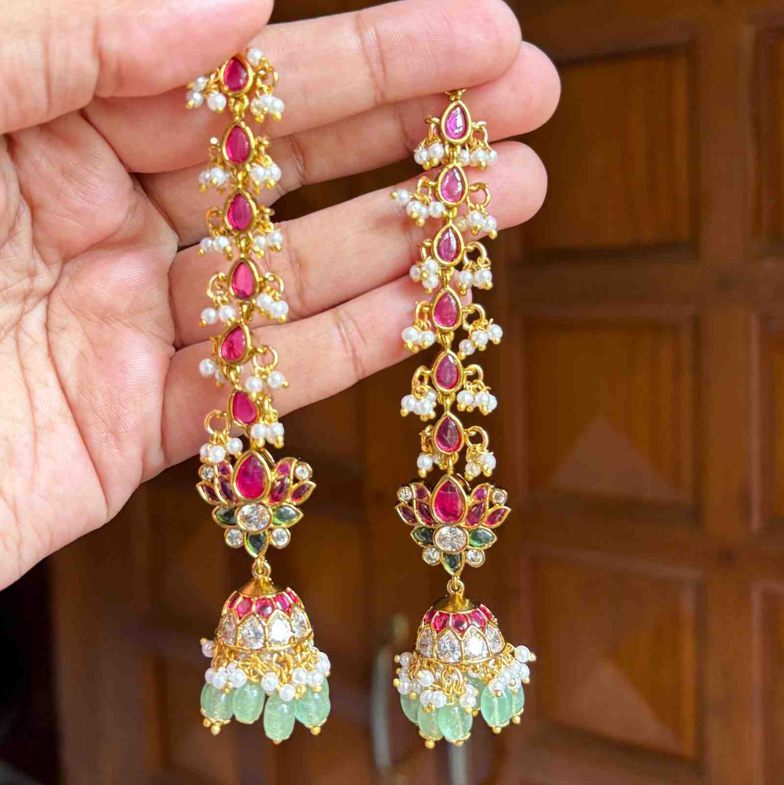 Premium Quality Jhumka with attached Matal designed with Ruby red Kemp stones & Polka Diamonds  Floral Pattern Jhumka with Hanging Emerald Hydro beads and pearls J0064-CE60