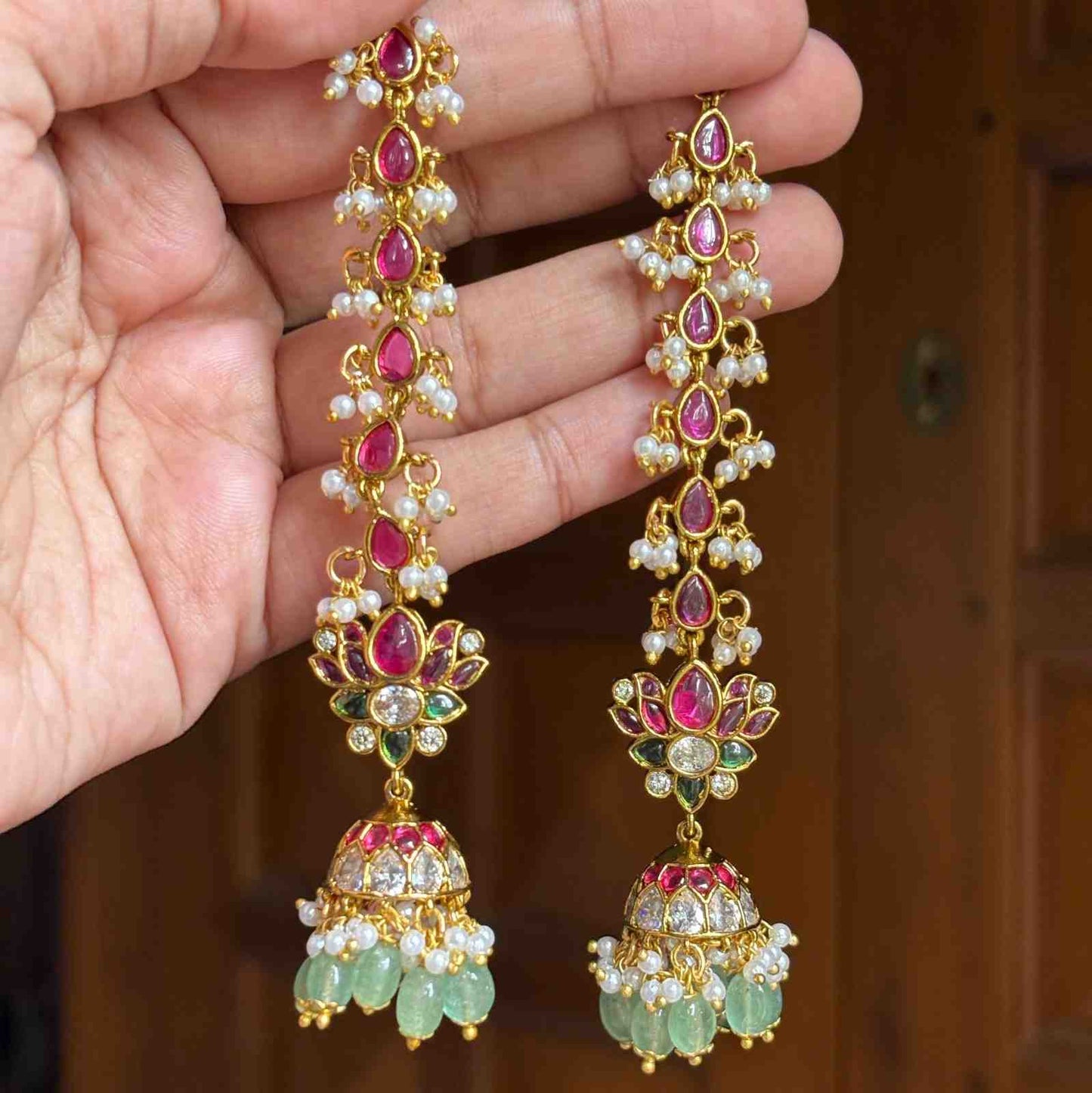 Premium Quality Jhumka with attached Matal designed with Ruby red Kemp stones & Polka Diamonds  Floral Pattern Jhumka with Hanging Emerald Hydro beads and pearls J0064-CE60