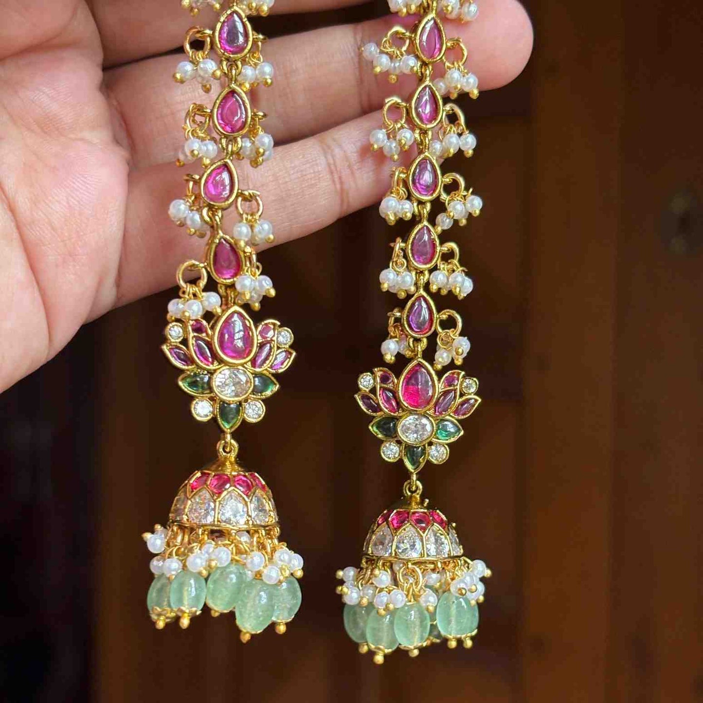 Premium Quality Jhumka with attached Matal designed with Ruby red Kemp stones & Polka Diamonds  Floral Pattern Jhumka with Hanging Emerald Hydro beads and pearls J0064-CE60